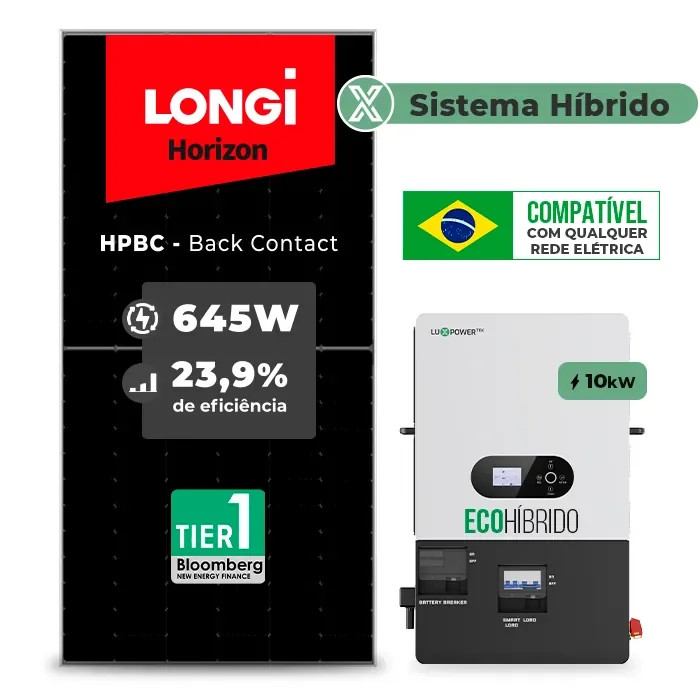 Gerador de Energia Solar Hibrido Luxpower sem Bateria Telhado Fibro Parafuso Madeira SGF 15,48KWP LONGI 645W ECO HIBRIDO 10KW 220V DC48V SEM BATERIA