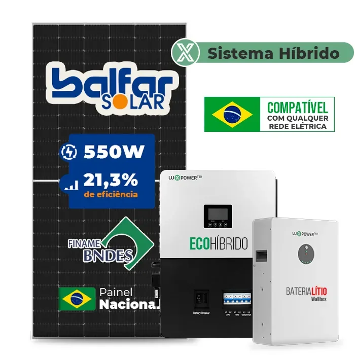 Gerador de Energia Solar Hibrido Luxpower com Bateria Laje Inclinação SGF 6,6KWP FINAME 550W ECO HIBRIDO 5KW 220V DC48V BAT. LITIO 5,12kWh