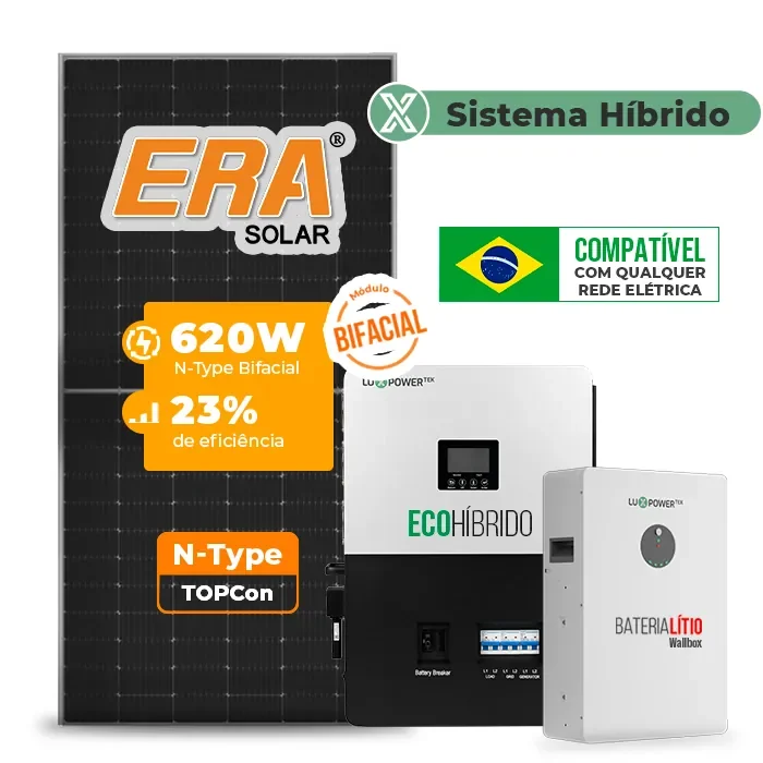 Gerador de Energia Solar Hibrido Luxpower com Bateria Telhado Metálico Mini Trilho SGF 7,44KWP ERA BIF 620W ECO HIBRIDO 5KW 220V DC48V BAT. LITIO 5,12kWh