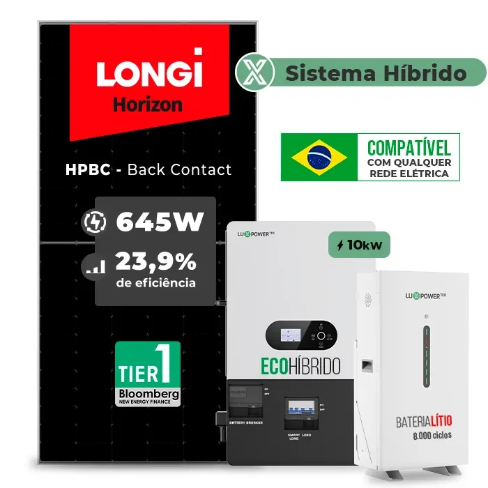 Gerador de Energia Solar Hibrido Luxpower com Bateria Laje Inclinação SGF 12,9KWP LONGI 645W ECO HIBRIDO 10KW 220V DC48V BAT. LITIO 14,3kWh