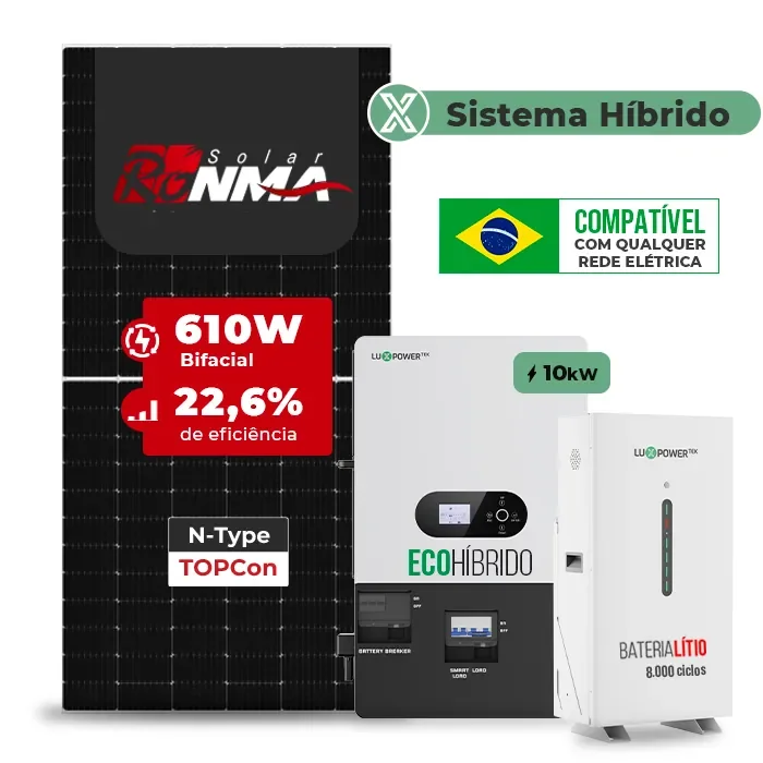 Gerador de Energia Solar Hibrido Luxpower com Bateria Laje Inclinação SGF 17,08KWP RONMA 610W ECO HIBRIDO 10KW 220V DC48V BAT. LITIO 14,3kWh