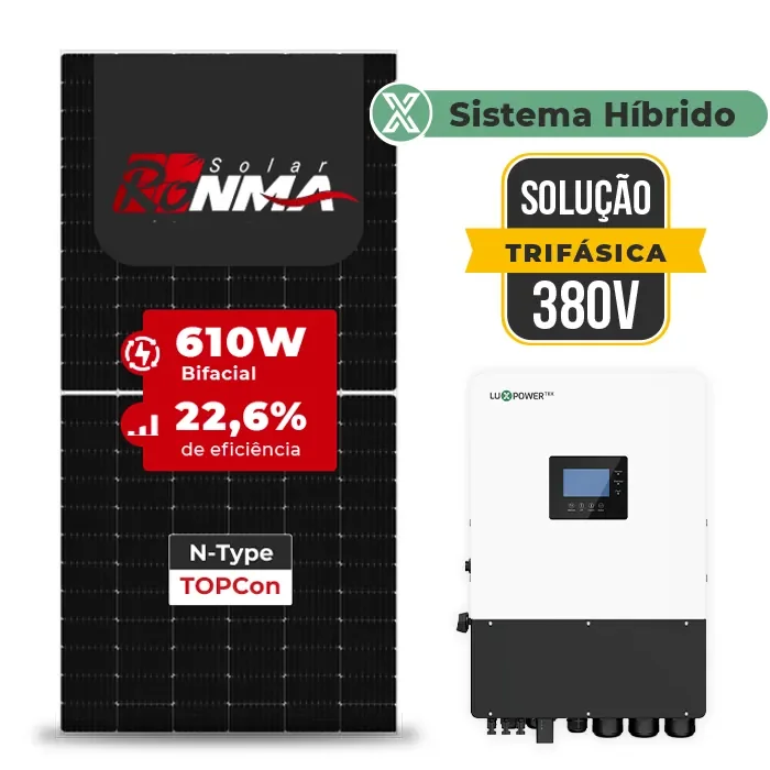 Gerador de Energia Solar Hibrido Luxpower sem Bateria Sem Estrutura SGF 21,96KWP RONMA 610W HIBRIDO 15KW TRIF 380V DC48V SEM BATERIA