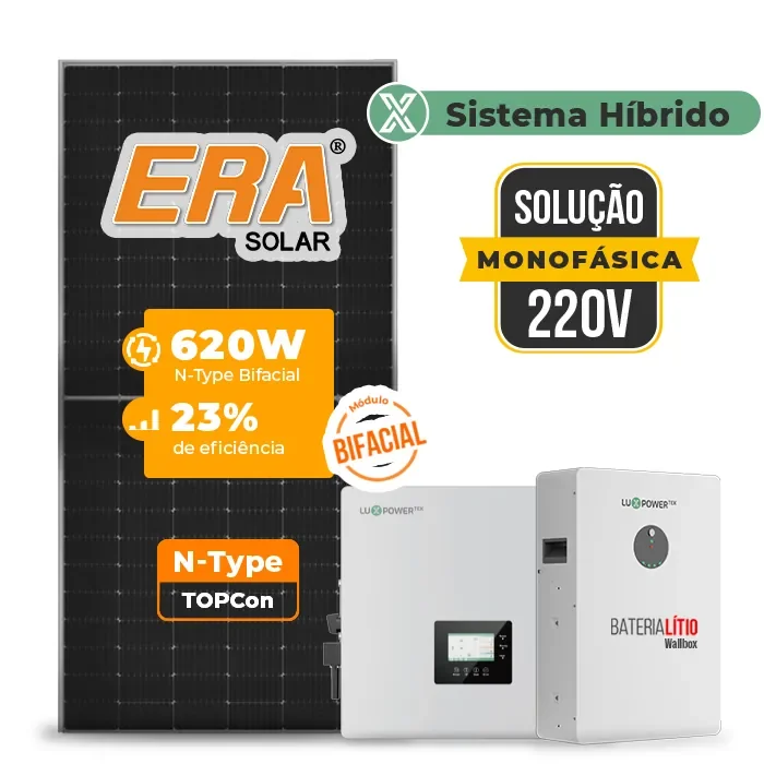 Gerador de Energia Solar Off Grid Interativo Luxpower Telhado Metálico Mini Trilho SGF 17,36KWP ERA BIF 620W GEN-LB-EU 10KW AC 220 MONO DC48V BAT. LITIO 15,36kWh