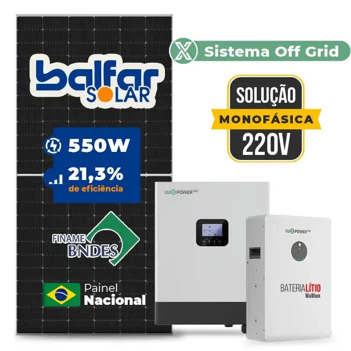 Gerador de Energia Solar Off Grid Interativo Luxpower Telhado Fibro Parafuso Metal SGF 6,6KWP FINAME 550W GEN-LB-EU 5KW AC 220 MONO DC48V BAT. LITIO 5,12kWh