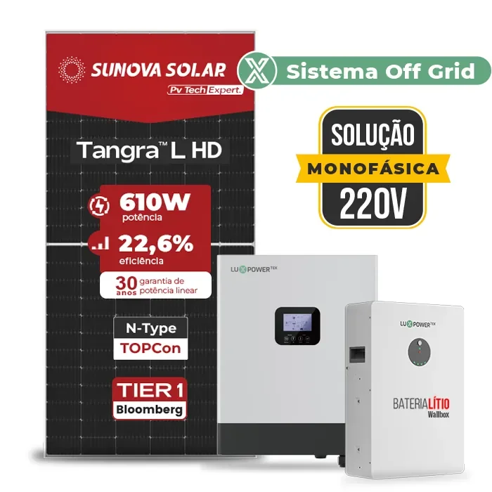 Gerador de Energia Solar Off Grid Interativo Luxpower Telhado Metálico Mini Trilho SGF 9,76KWP SUNOVA 610W GEN-LB-EU 5KW AC 220 MONO DC48V BAT. LITIO 5,12kWh