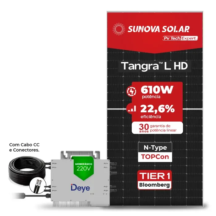 Gerador de Energia Solar Microinversor DEYE Telhado Metálico Mini Trilho SGF 2,44KWP SUNOVA N-TYPE MONO 610W SUN 2.25KW 4MPPT MONO 220V COM CABO 