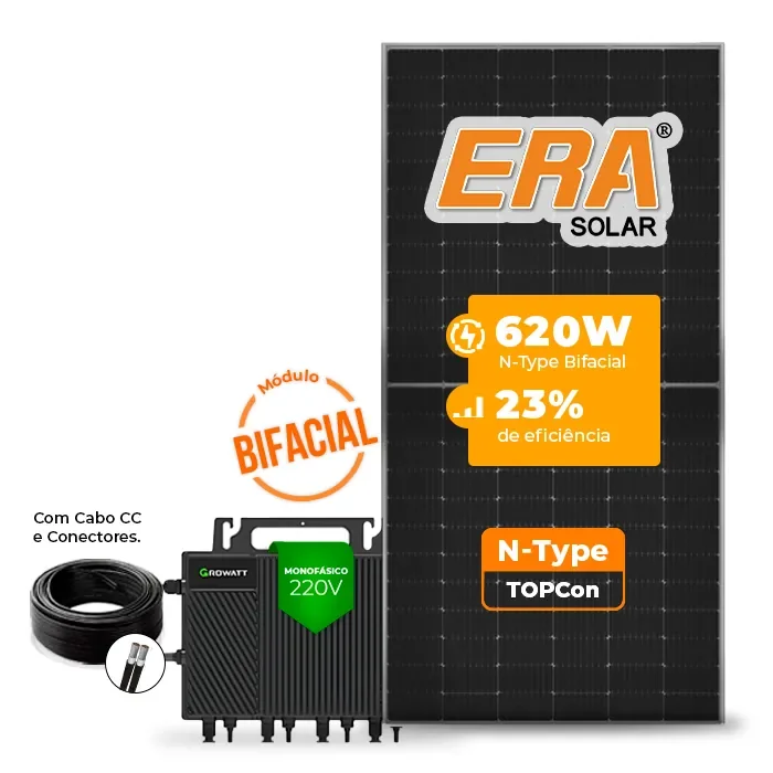 Gerador de Energia Solar Microinversor Growatt Telhado Cerâmico Gancho SGF 4,96KWP ERA BIFACIAL 620W NEO 2KW 4MPPT MONO 220V COM CABO