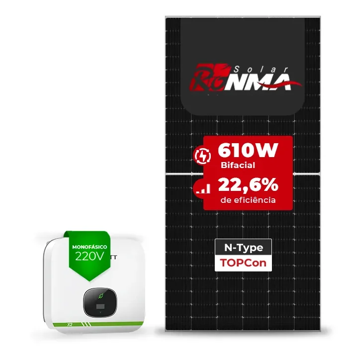 Gerador de Energia Solar On Grid Growatt Solo Mesa 8 Painéis SGF 6,10KWP RONMA 610W BIFACIAL MIN X2 5KW 2MPPT MONO 220V