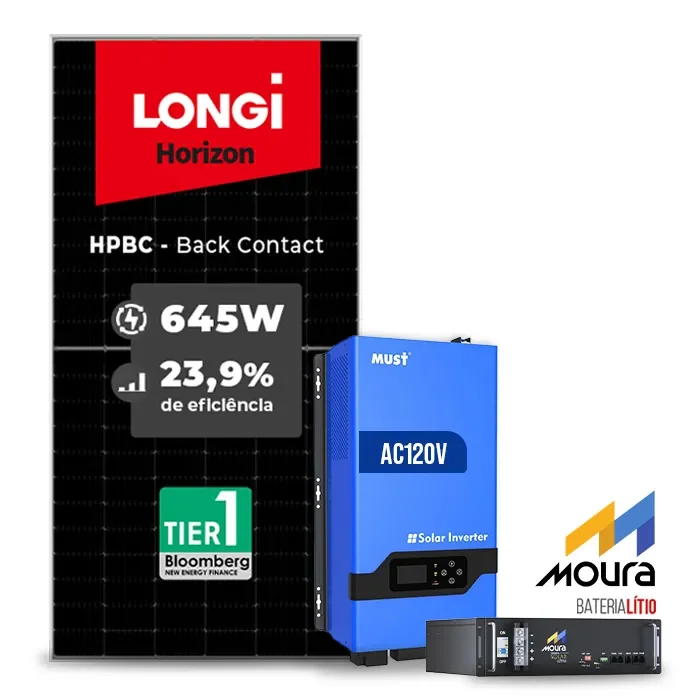 Gerador de Energia Solar Retrofit Must Sem Estrutura SGF 1,29KWP LONGI 645W PV29 LHP 5KW AC120V DC48V BAT. LITIO 4.8KWH 100A