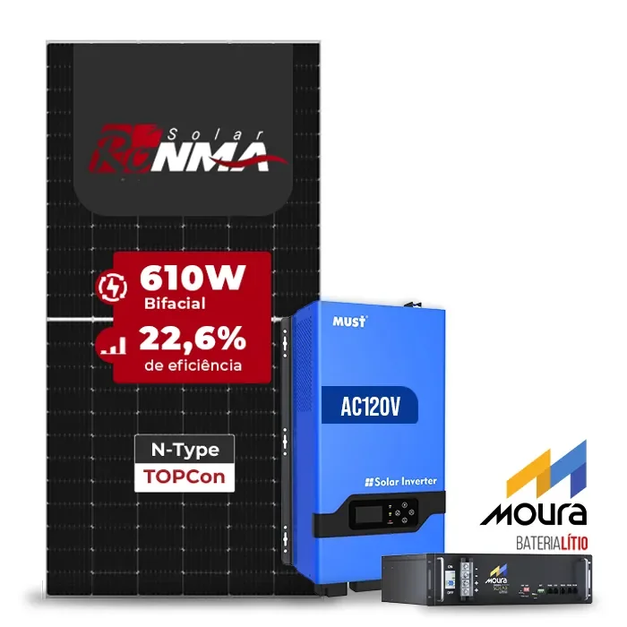 Gerador de Energia Solar Off Grid Interativo Must Laje Inclinação SGF 7,32KWP RONMA 610W PV29 LHP 5KW AC120V DC48V BAT. LITIO 4.8KWH 100A