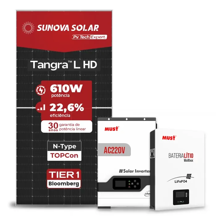 Gerador de Energia Solar Off Grid Interativo Must Telhado Metálico Mini Trilho SGF 4,88KWP SUNOVA 610W PV29 HP 5KW AC220V DC48V BAT. LITIO 5.12KWH 100A